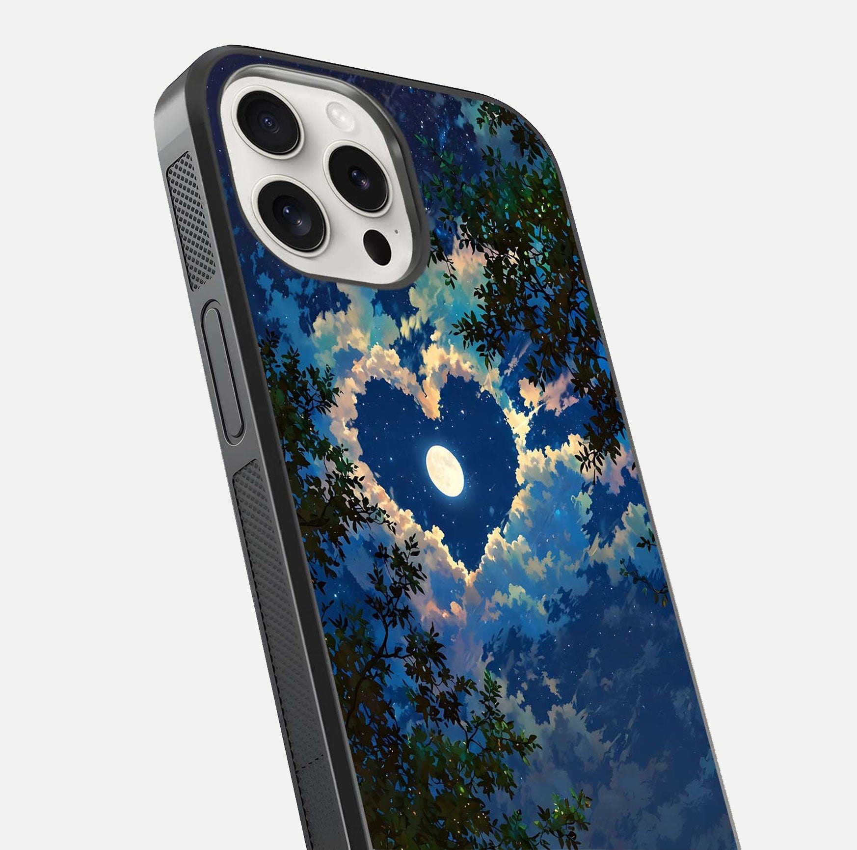 Heart with Moon Sky Glass Case for iPhone 15 Pro Max close-up angled shot showing lunar reflection and shine detail