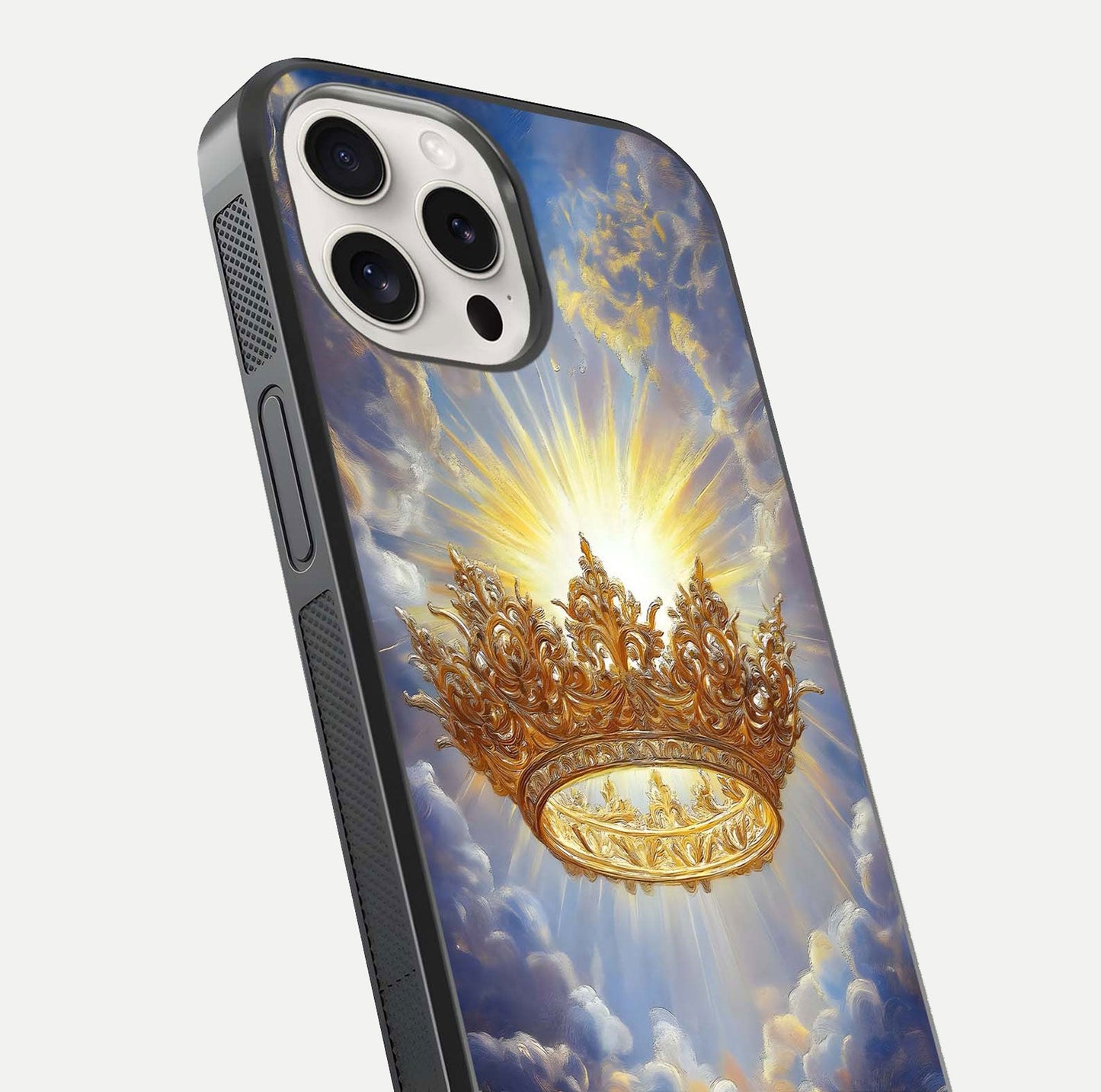 Heavenly Crown Light Glass Case for iPhone 15 Pro Max close-up angled shot showing glowing halo details and smooth reflection