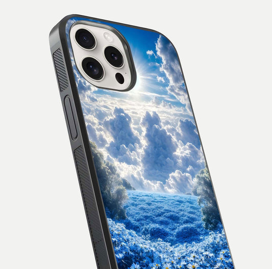 Heavenly Daisy Horizon Glass Case for iPhone 15 Pro Max close-up angled shot showing daisy petal details and light reflection