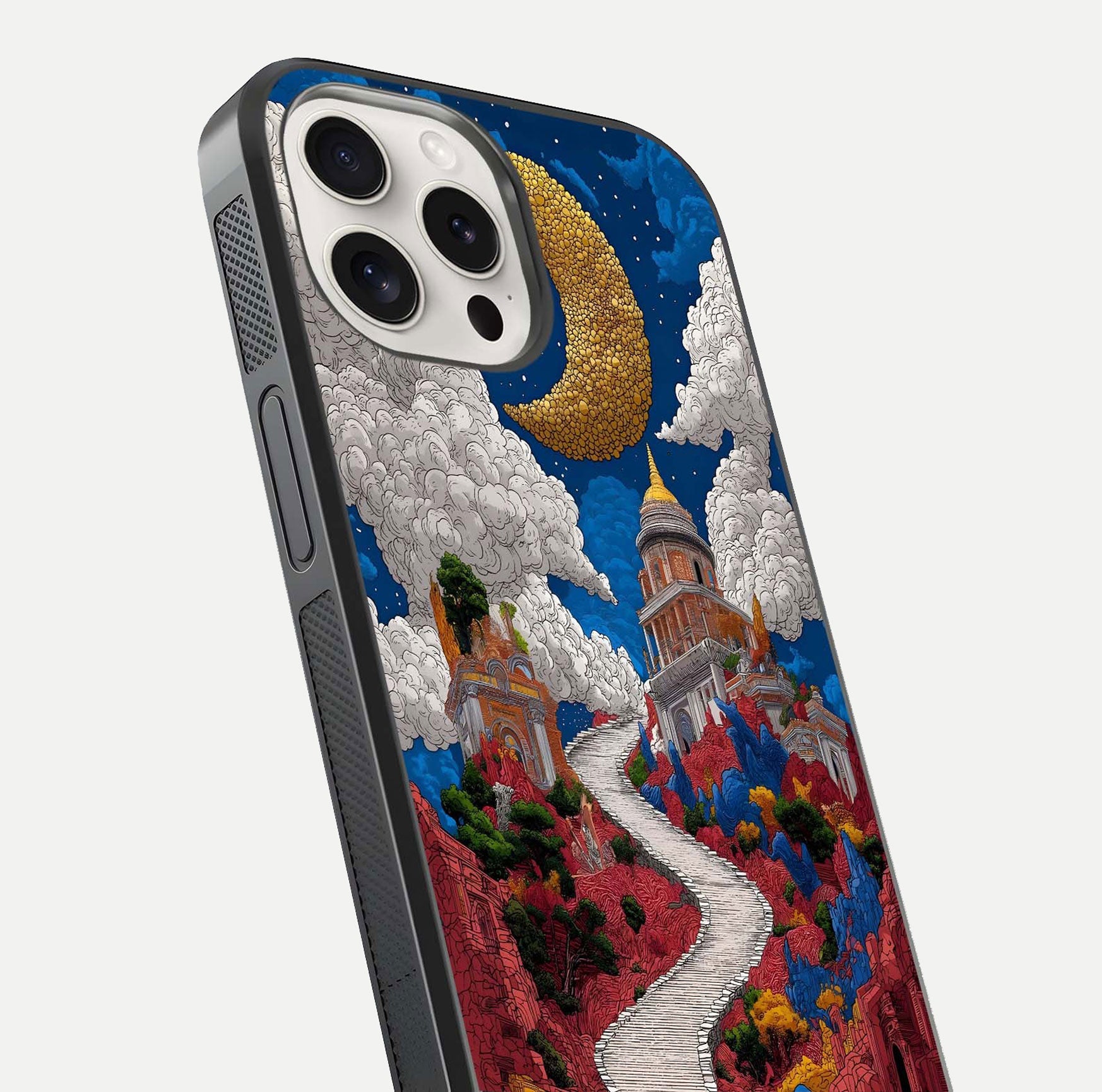 Heavenly Moon Path Glass Case for iPhone 15 Pro Max close-up angled shot showing moon reflection and shimmer texture