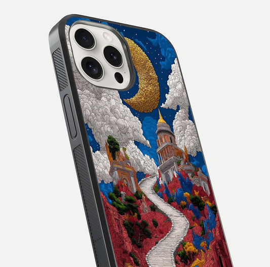 Heavenly Moon Path Glass Case for iPhone 15 Pro Max close-up angled shot showing moon reflection and shimmer texture