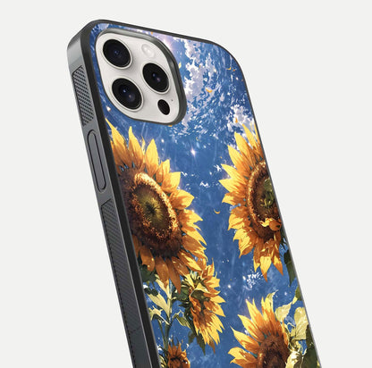 Heavenly Sunflower Rise Glass Case for iPhone 15 Pro Max close-up angled shot showing sunflower texture and reflection polish