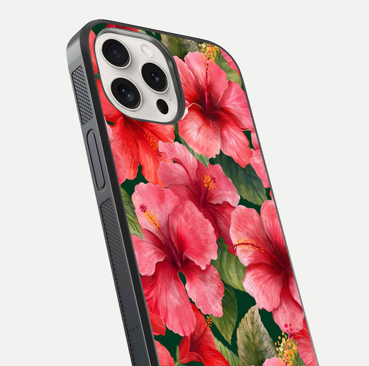 Hibiscus Pattern Glass Case for iPhone 15 Pro Max close-up angled shot showing flower details and gloss reflection