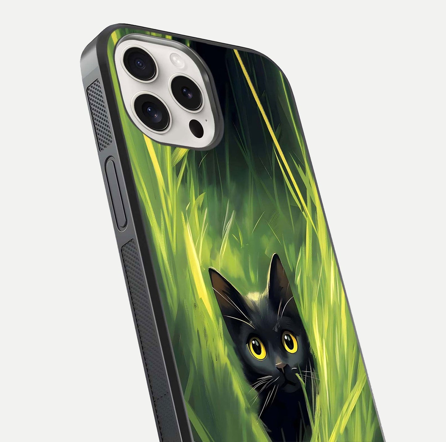 Hidden Cat Whisper Glass Case for iPhone 15 Pro Max close-up angled shot showing feline details and reflection polish