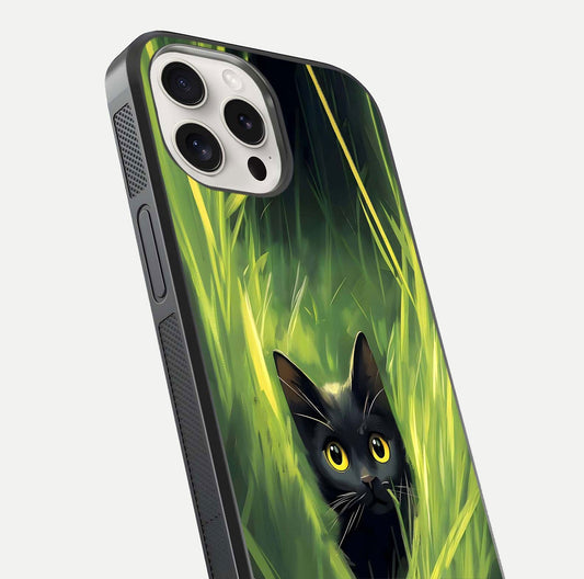 Hidden Cat Whisper Glass Case for iPhone 15 Pro Max close-up angled shot showing feline details and reflection polish