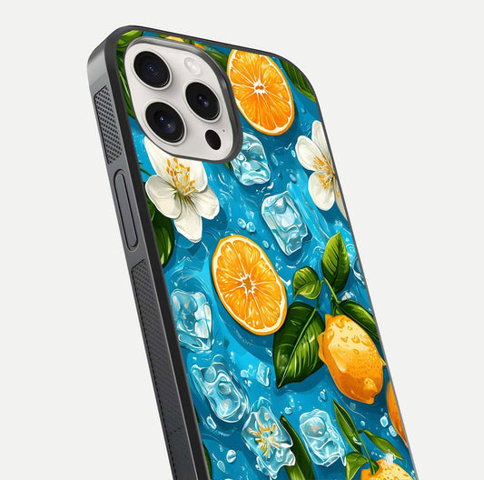 Ice Cube With Orange Glass Case for iPhone 15 Pro Max close-up angled shot showing orange slices and ice reflections
