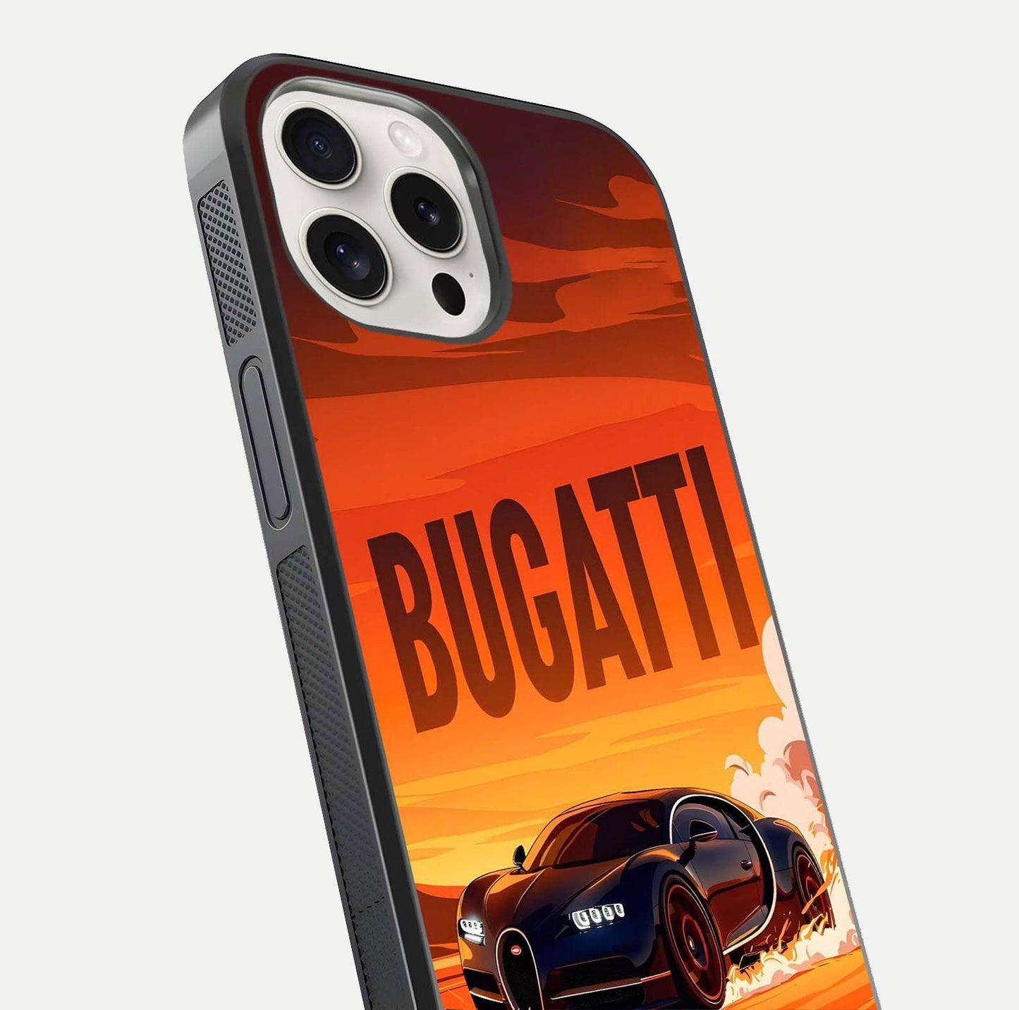 Inferno Bugatti Storm Glass Case for iPhone 15 Pro Max close-up angled shot showing flame details and reflection shine