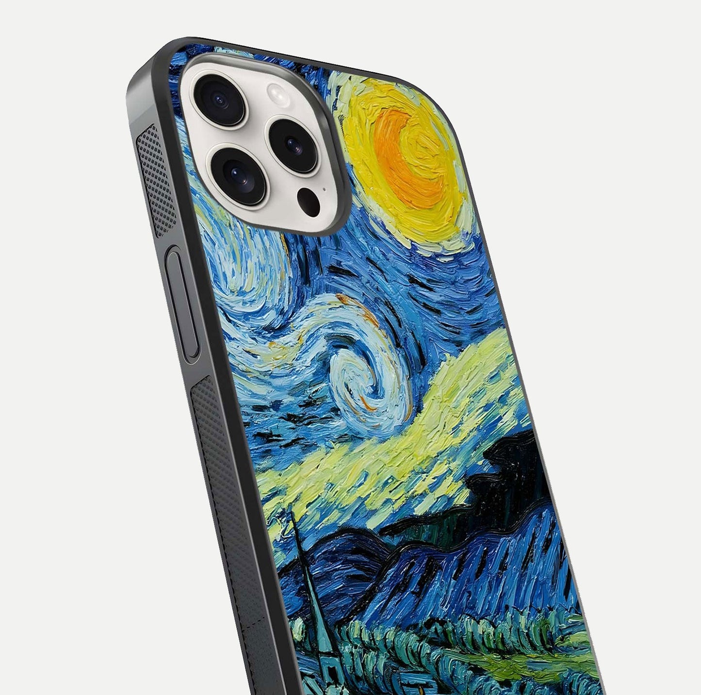 Inspired Van Gogh Art Glass Case for iPhone 15 Pro Max close-up angled shot showing brushstroke texture and shine detail