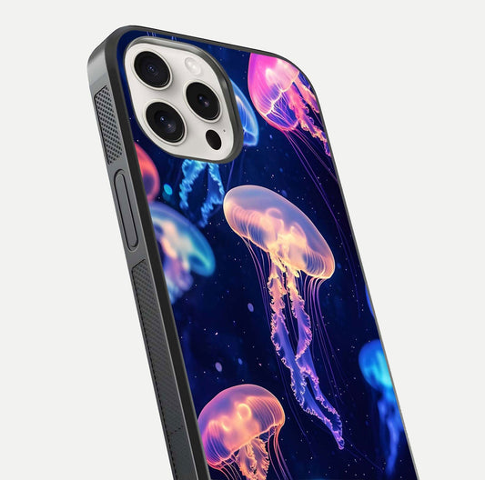 Jellyfish Pattern Glass Case for iPhone 15 Pro Max close-up angled shot showing translucent tentacles and light reflection