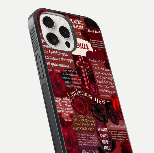 Jesus Love Heals Glass Case for iPhone 15 Pro Max close-up angled shot showing healing text, cross detailing, and reflection
