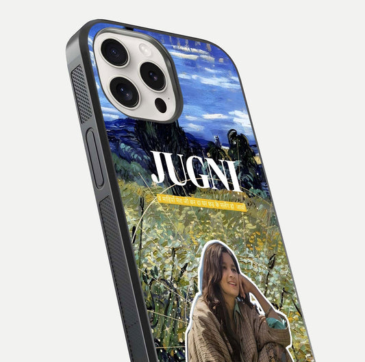 Jugni Soul Vibes Glass Case for iPhone 15 Pro Max close-up angled shot showing typography detail and vibrant gloss reflection