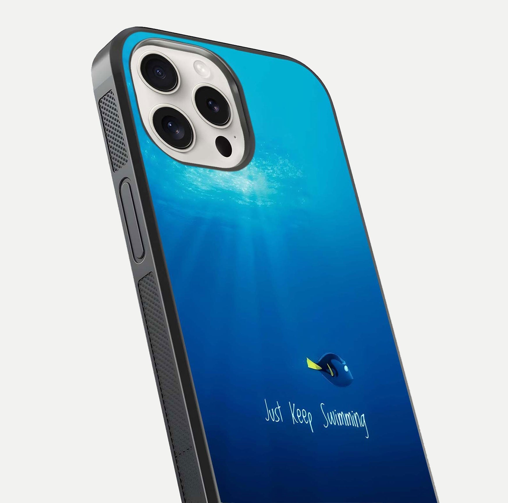 Just Keep Swimming Glass Case for iPhone 15 Pro Max close-up angled shot showing elegant lettering and blue tone reflection