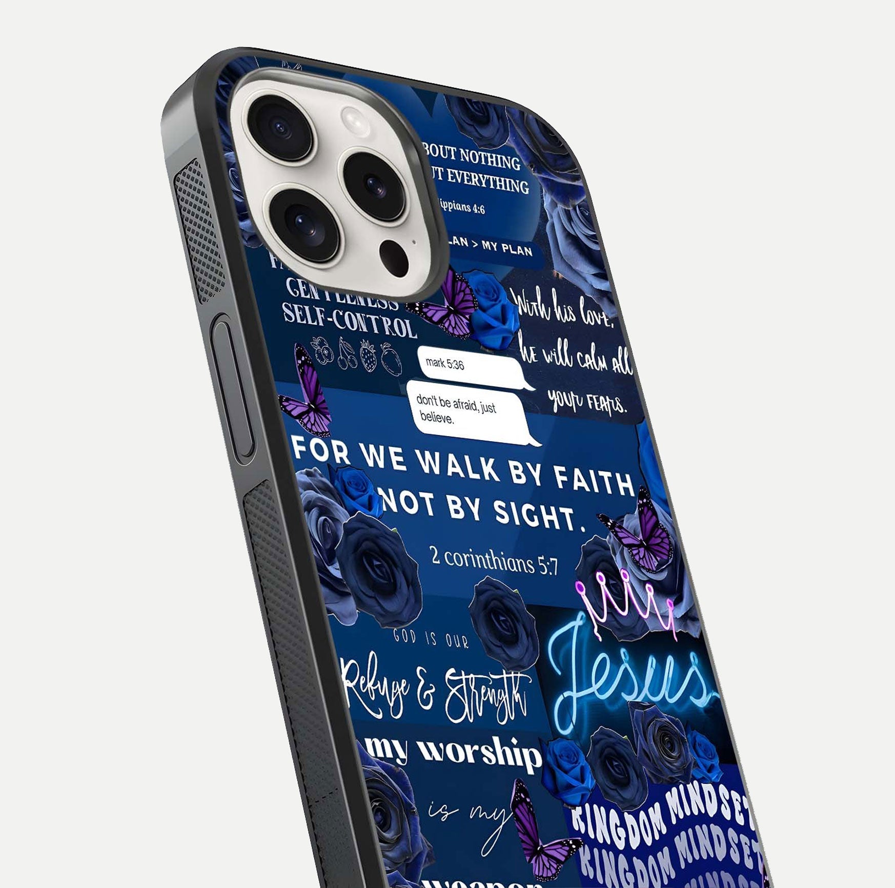 Kingdom Faith Glow Glass Case for iPhone 15 Pro Max close-up angled shot showing luminous text and divine reflection