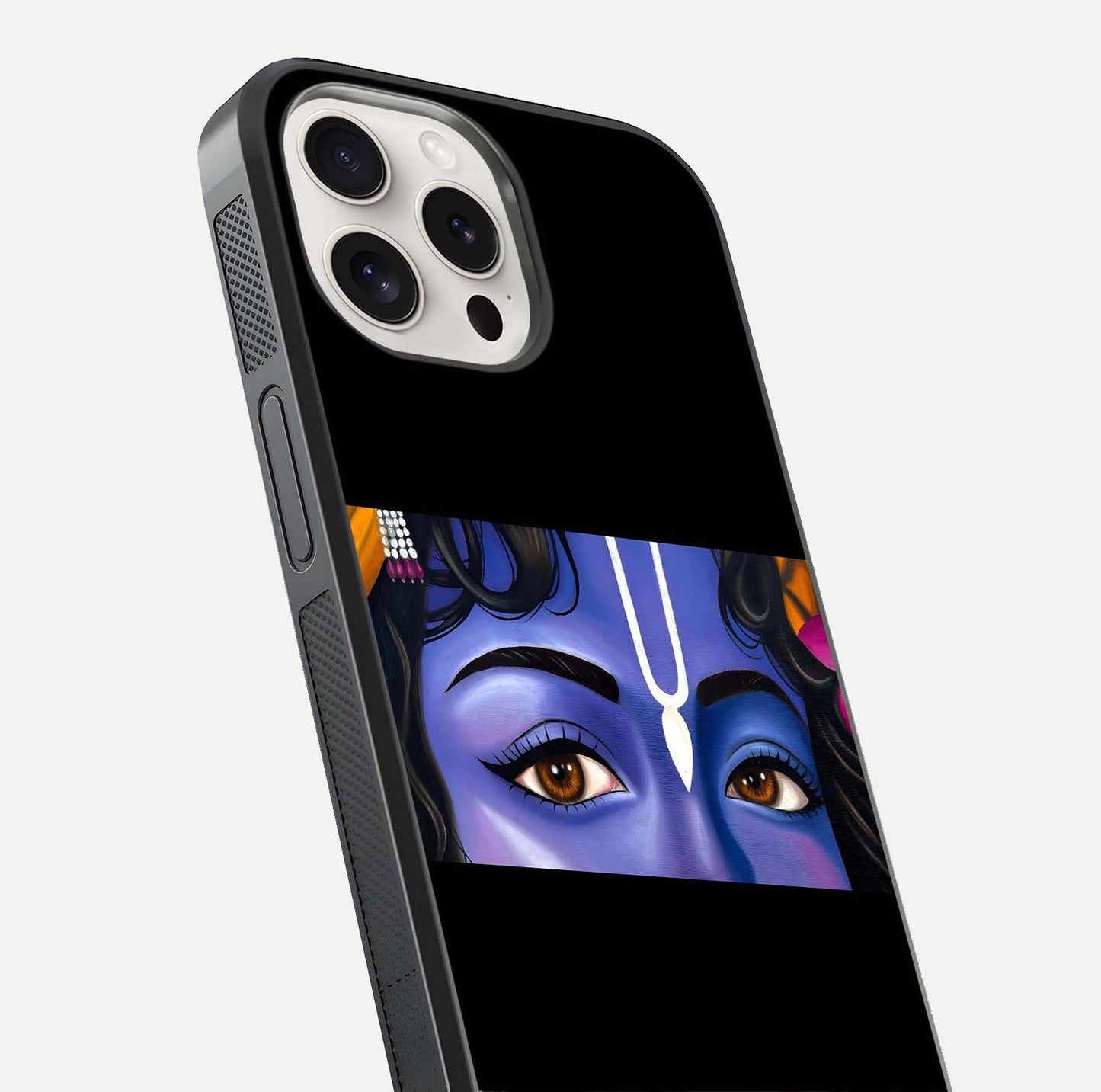 Krishna Eye Glass Case for iPhone 15 Pro Max close-up angled shot showing intricate artwork and reflection shine
