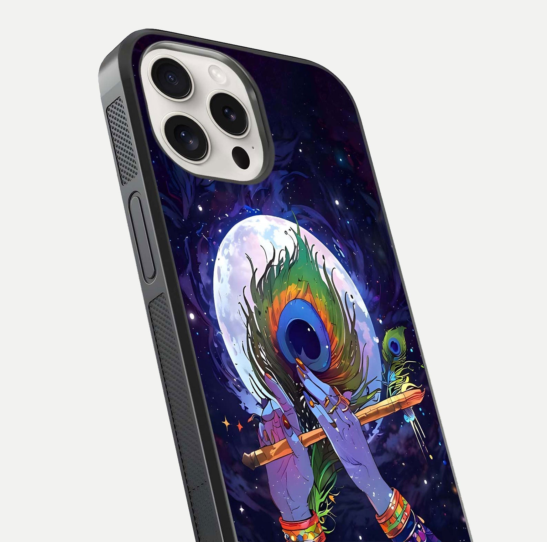 Krishna Hands Art Glass Case for iPhone 15 Pro Max close-up angled shot showing detailed hand design and shine
