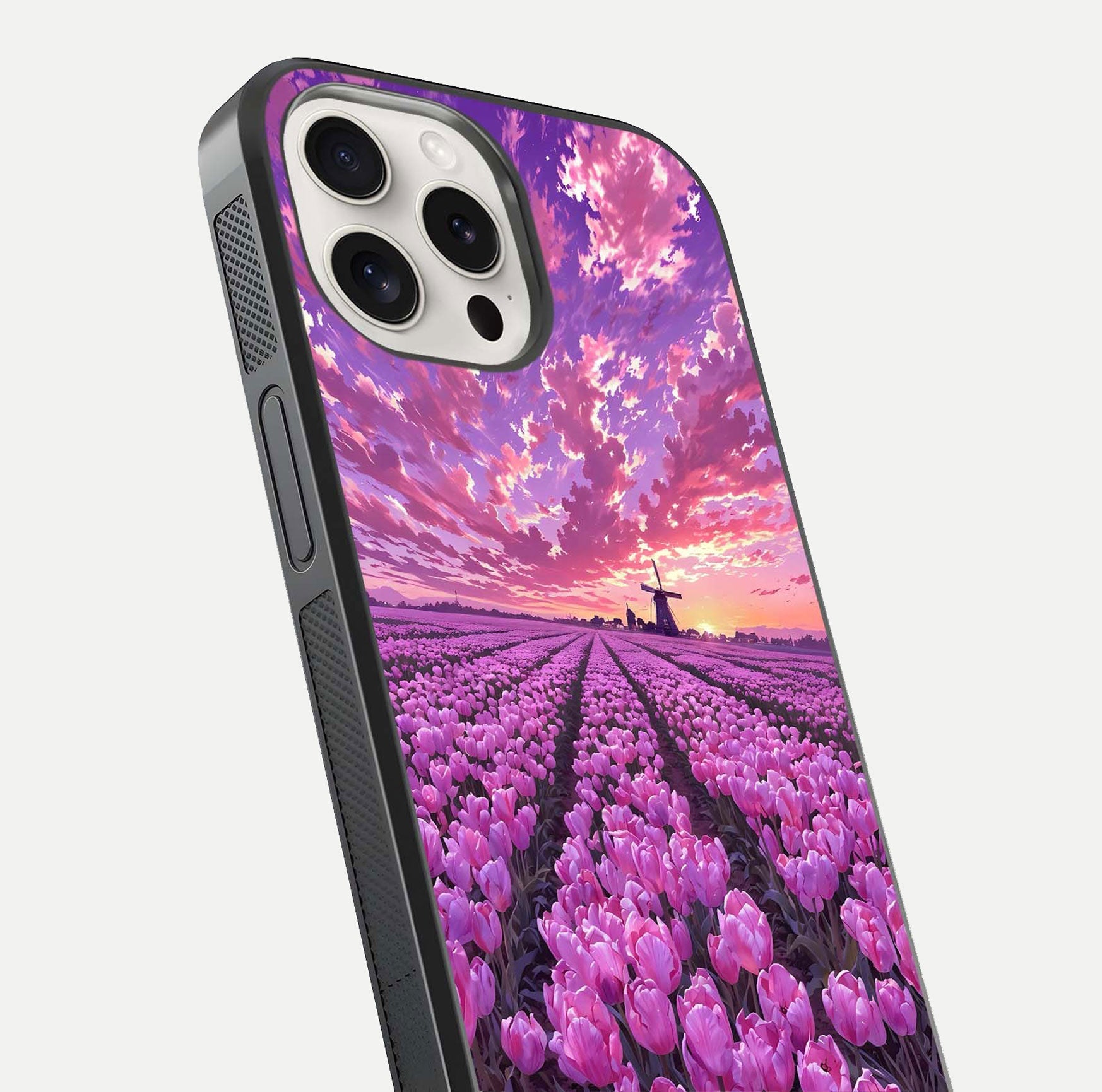 Lavender Dream Skies Glass Case for iPhone 15 Pro Max close-up angled shot showing purple hues and soft reflection