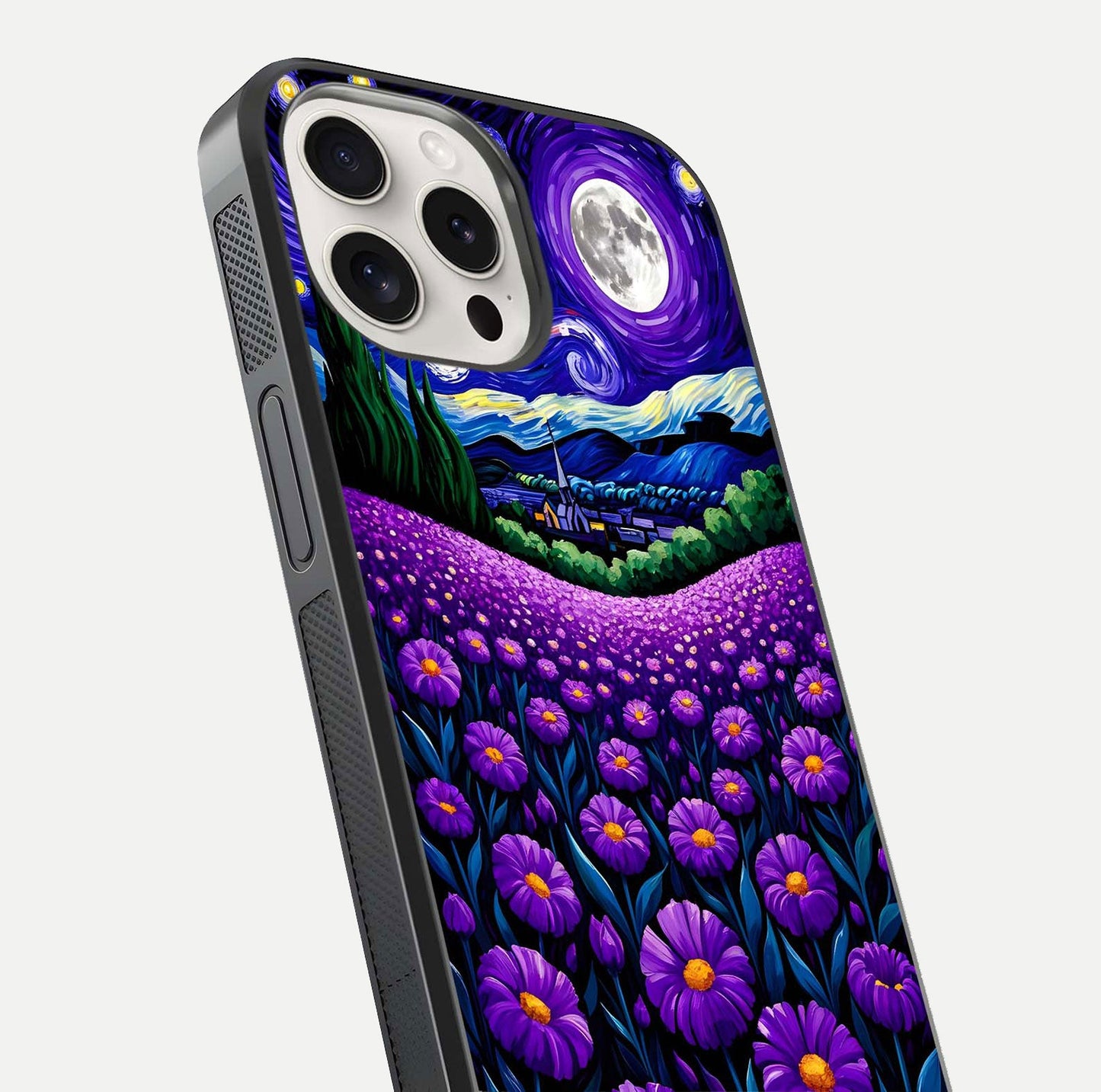 Lavender Moon Field Glass Case for iPhone 15 Pro Max close-up angled shot showing moon glow and purple detailing