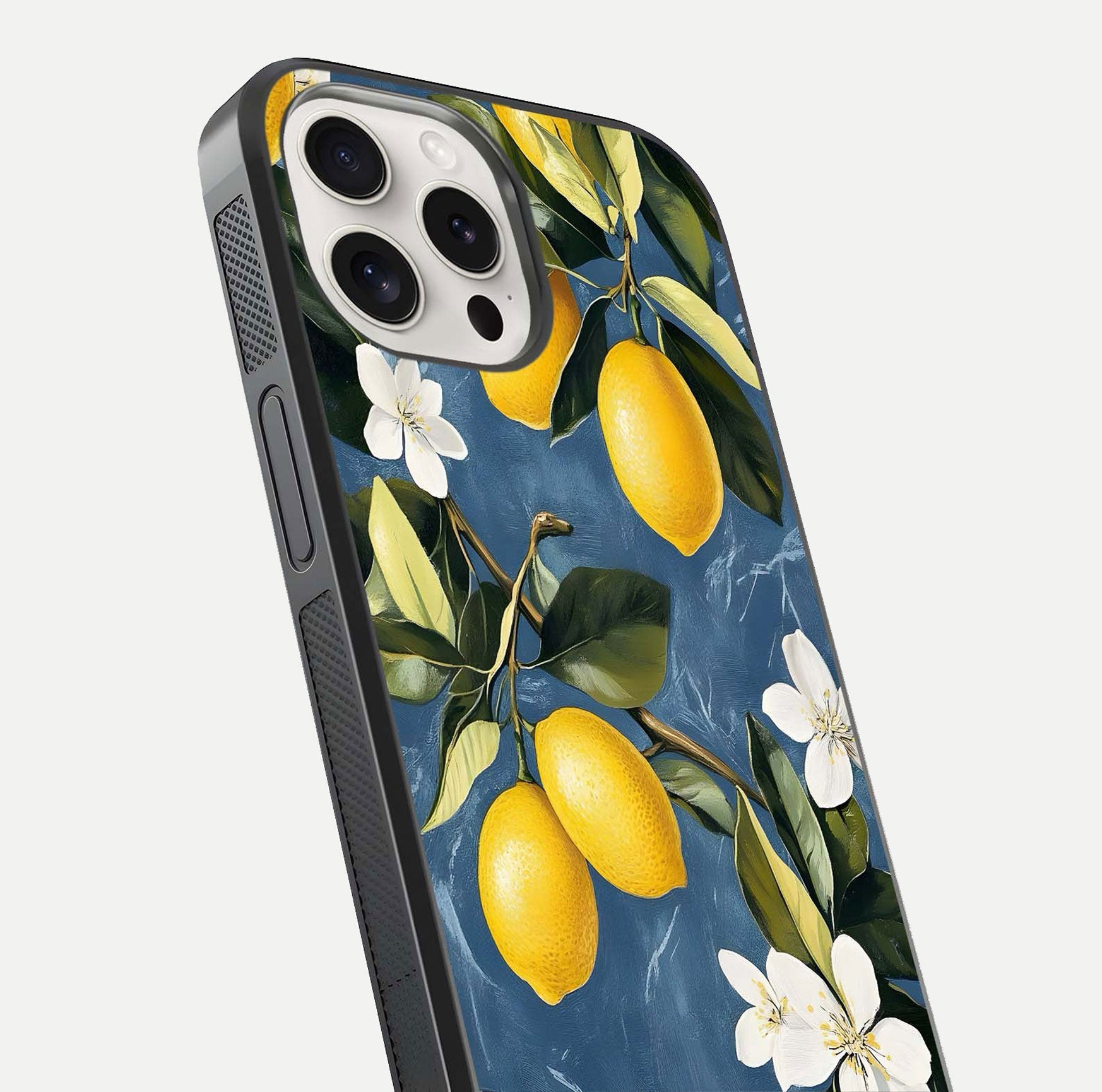 Lemon Dream Garden Glass Case for iPhone 15 Pro Max close-up angled shot showing fruit details and shine reflection