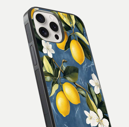 Lemon Dream Garden Glass Case for iPhone 15 Pro Max close-up angled shot showing fruit details and shine reflection