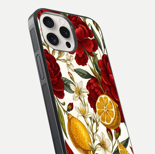 Lemon Rose Charm Glass Case for iPhone 15 Pro Max angled close-up showing vivid rose details and HD glass reflection