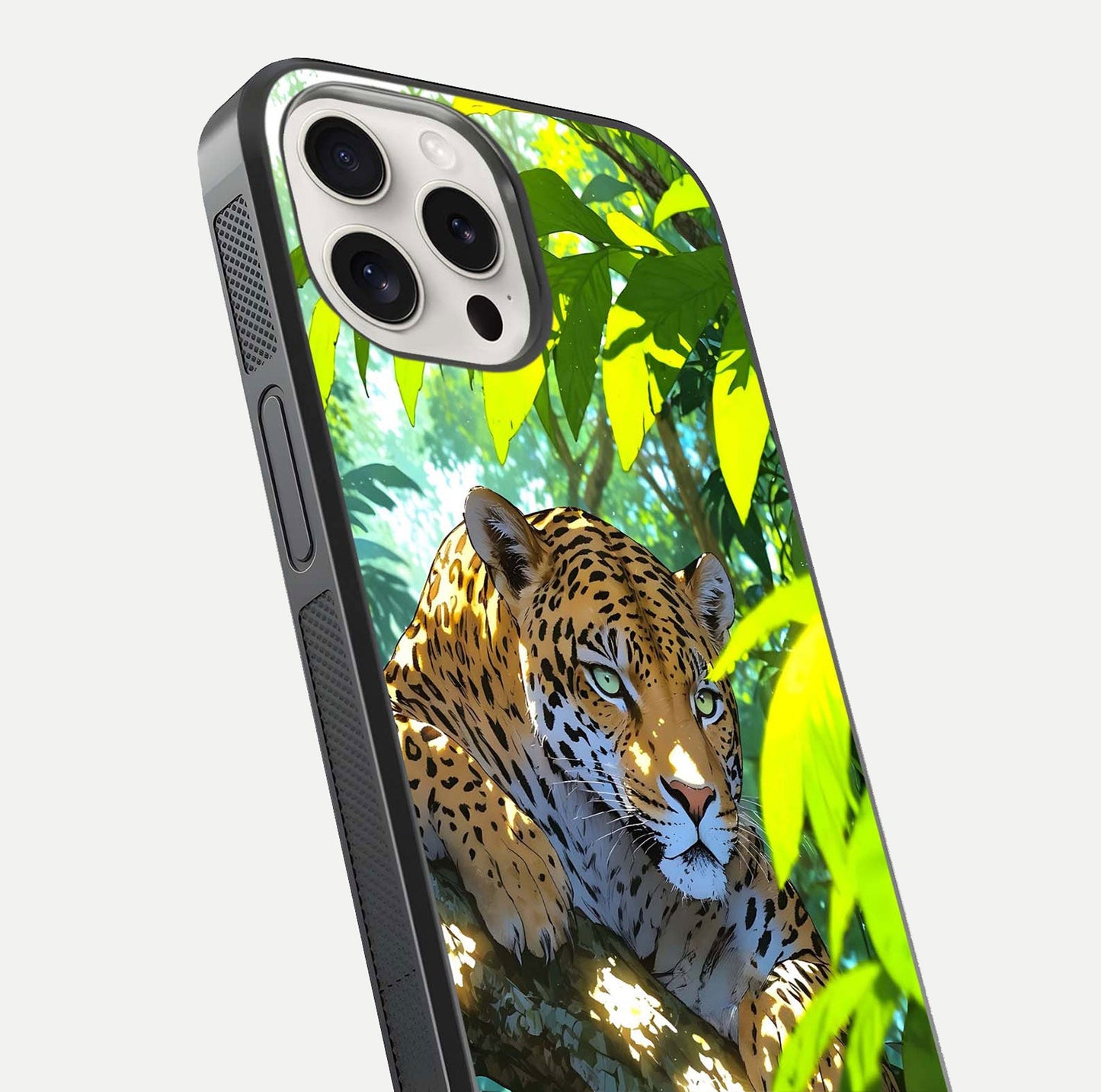 Leopard in Jungle Glass Case for iPhone 15 Pro Max angled close-up showing fur texture and glossy shine reflection