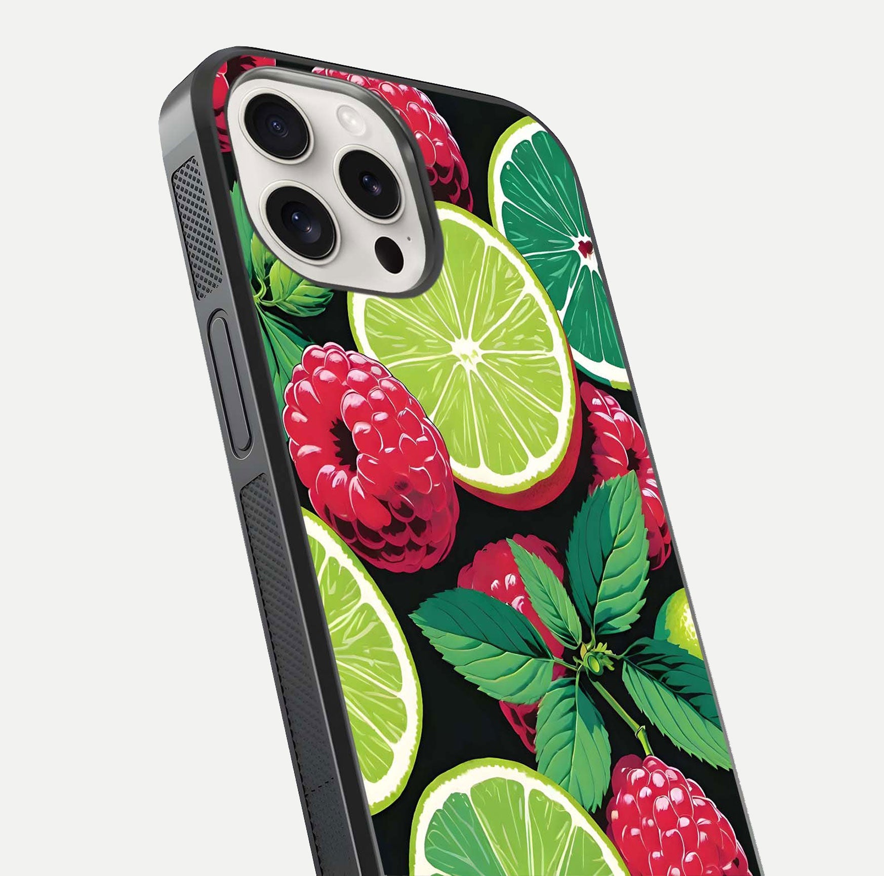 Lime and Raspberry Pattern Glass Case for iPhone 15 Pro Max angled close-up showing fruit texture and reflection glow