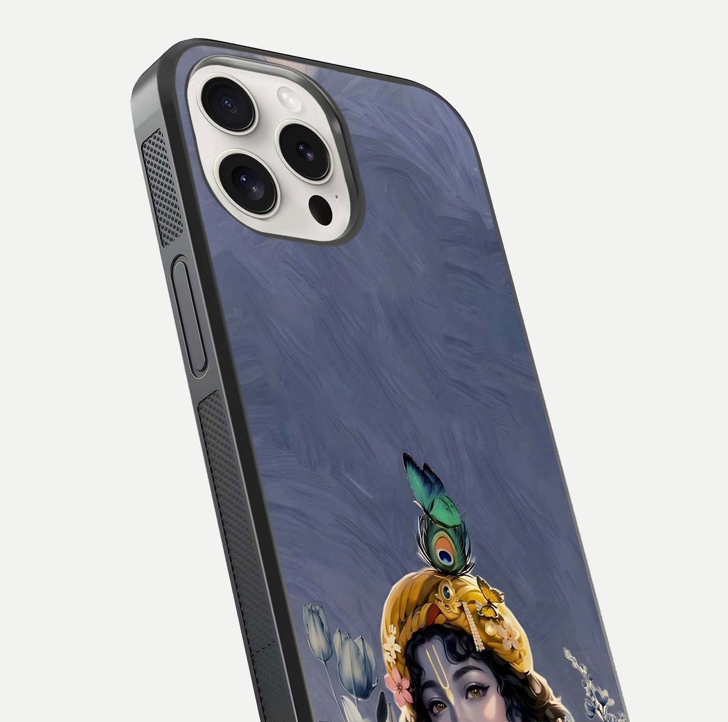 Lord Krishna Glass Case for iPhone 15 Pro Max angled close-up showing intricate flute and reflection details