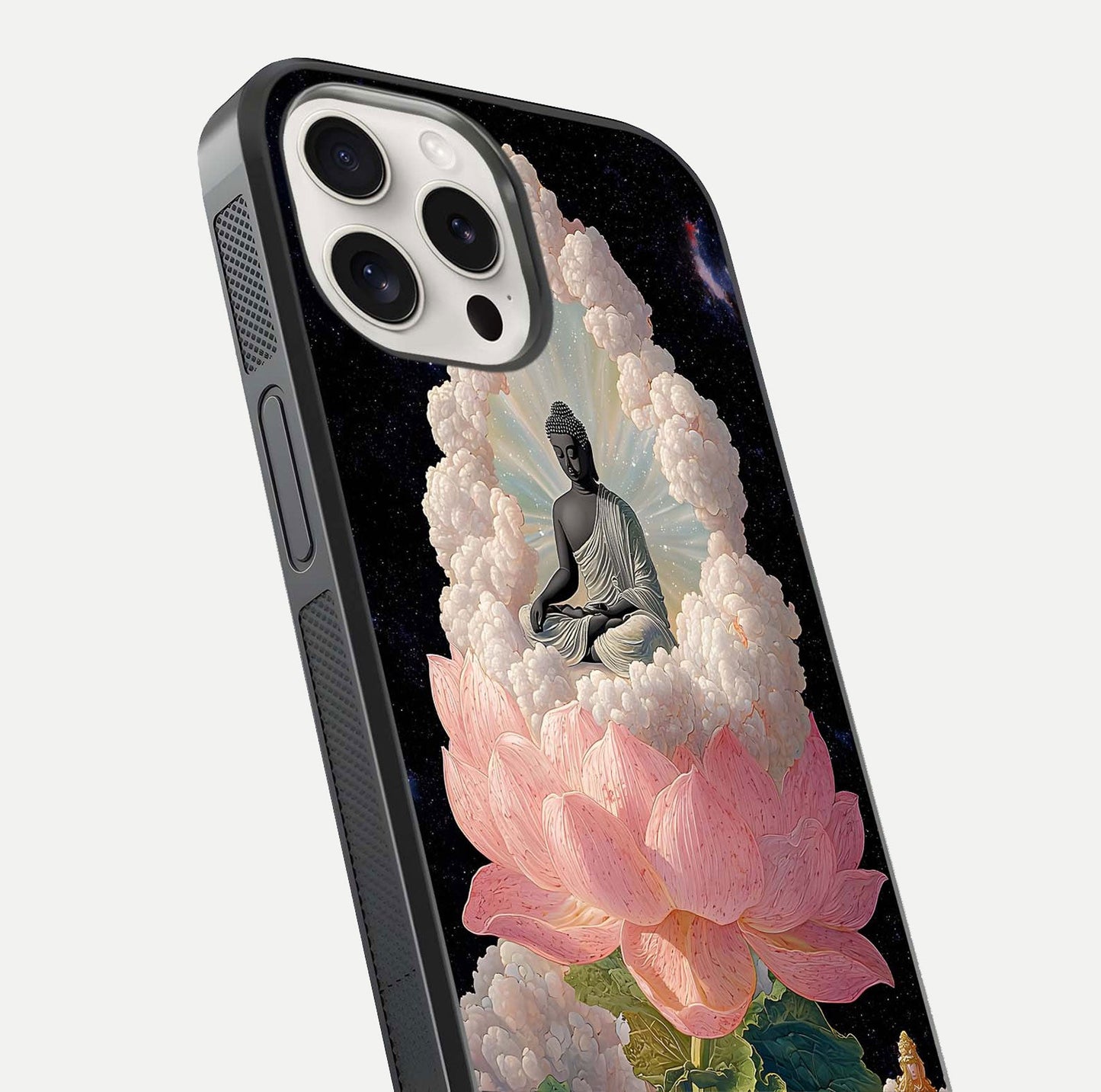 Lotus Divine Peace Glass Case for iPhone 15 Pro Max angled close-up showing delicate petals and gloss reflection