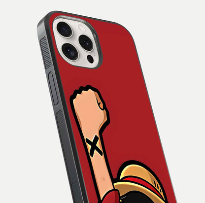 Luffy X Spirit Glass Case for iPhone 15 Pro Max close-up angled shot showing character detailing and gloss texture