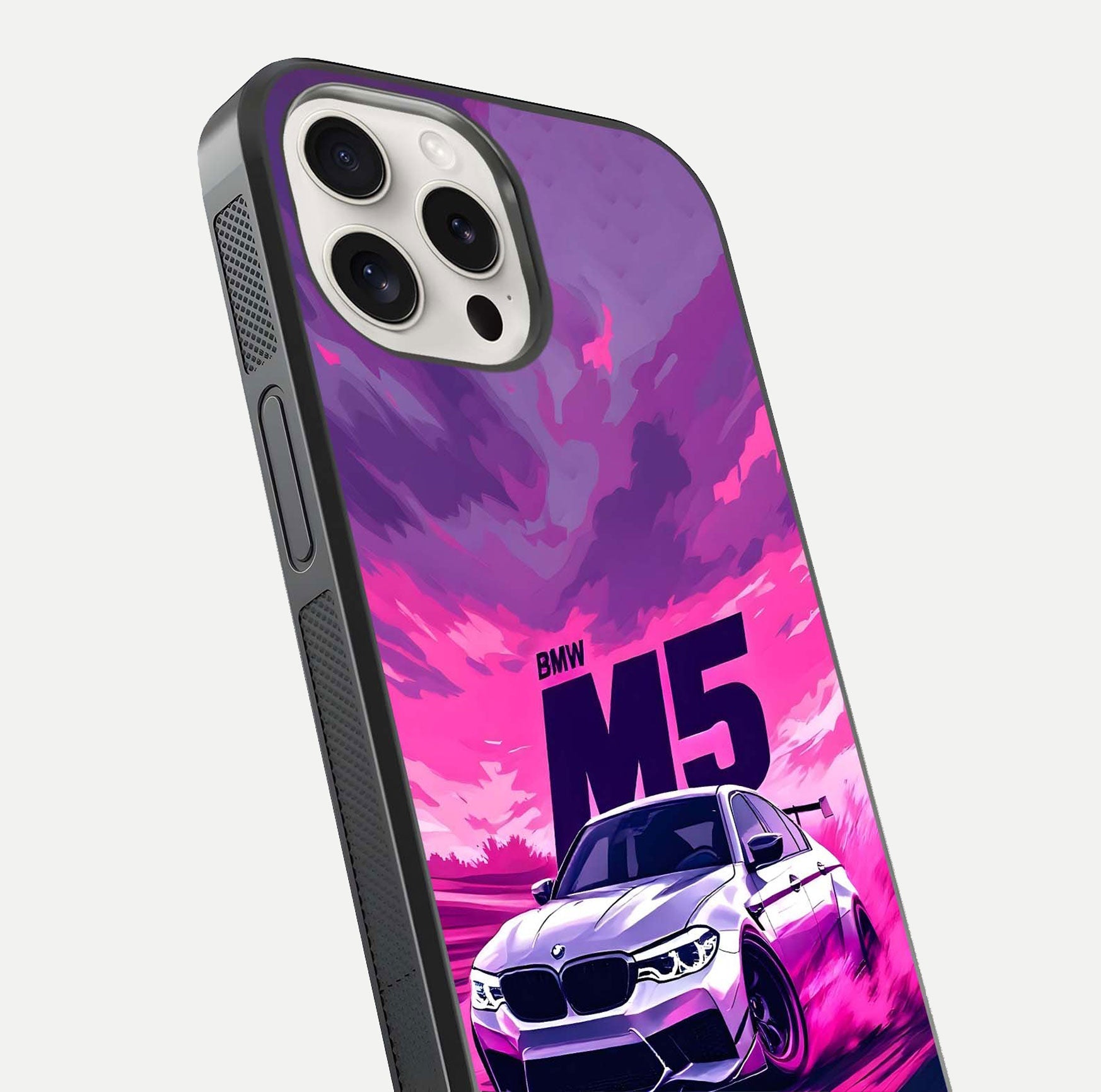 MS Neon Car Glass Case for iPhone 15 Pro Max close-up angled shot showing vivid neon reflections and shine