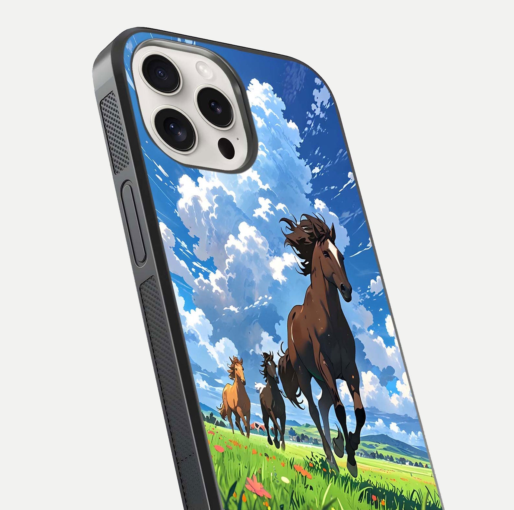 Majestic Horses Galloping Glass Case for iPhone 15 Pro Max close-up angled shot showing horse motion and reflection