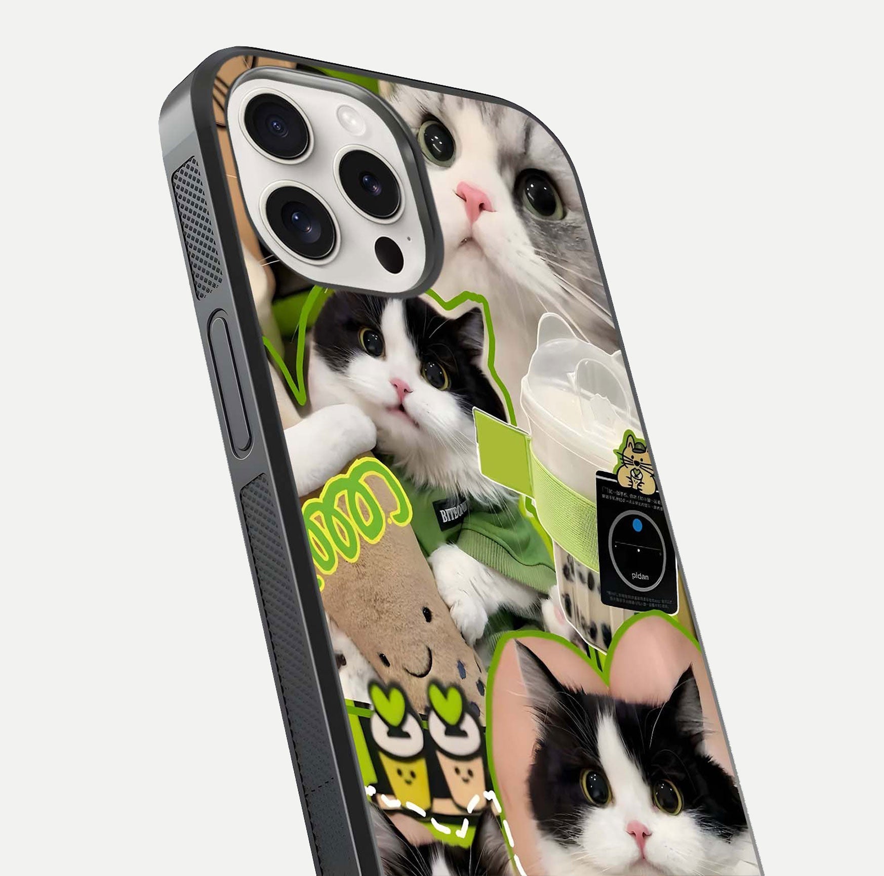 Matcha Cats Mood Glass Case for iPhone 15 Pro Max close-up angled shot showing adorable cat art and reflection detail