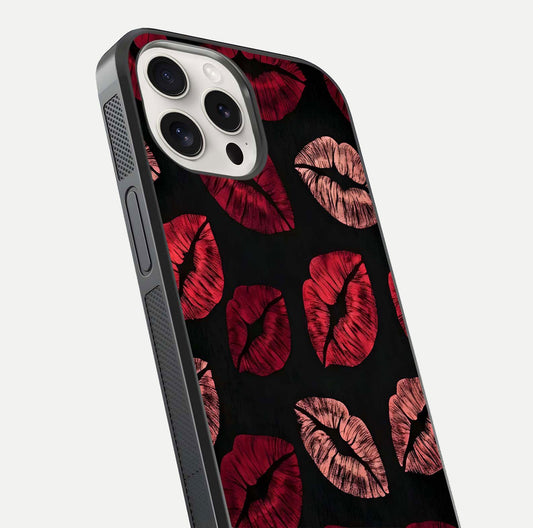 Midnight Kiss Love Glass Case for iPhone 15 Pro Max close-up angle highlighting red accents and reflection shine