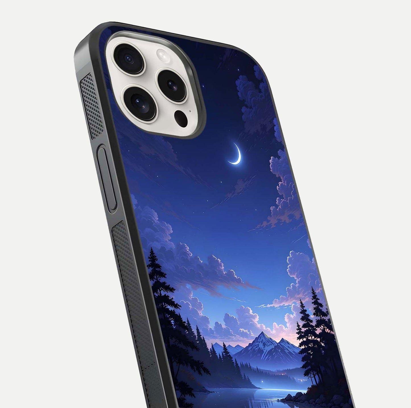 Midnight Lake Peace Glass Case for iPhone 15 Pro Max close-up angled shot showing blue night tones and reflection