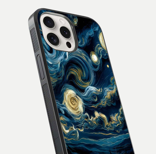 Midnight Sky Whirl Glass Case for iPhone 15 Pro Max close-up angle showing spiral design and HD gloss reflection