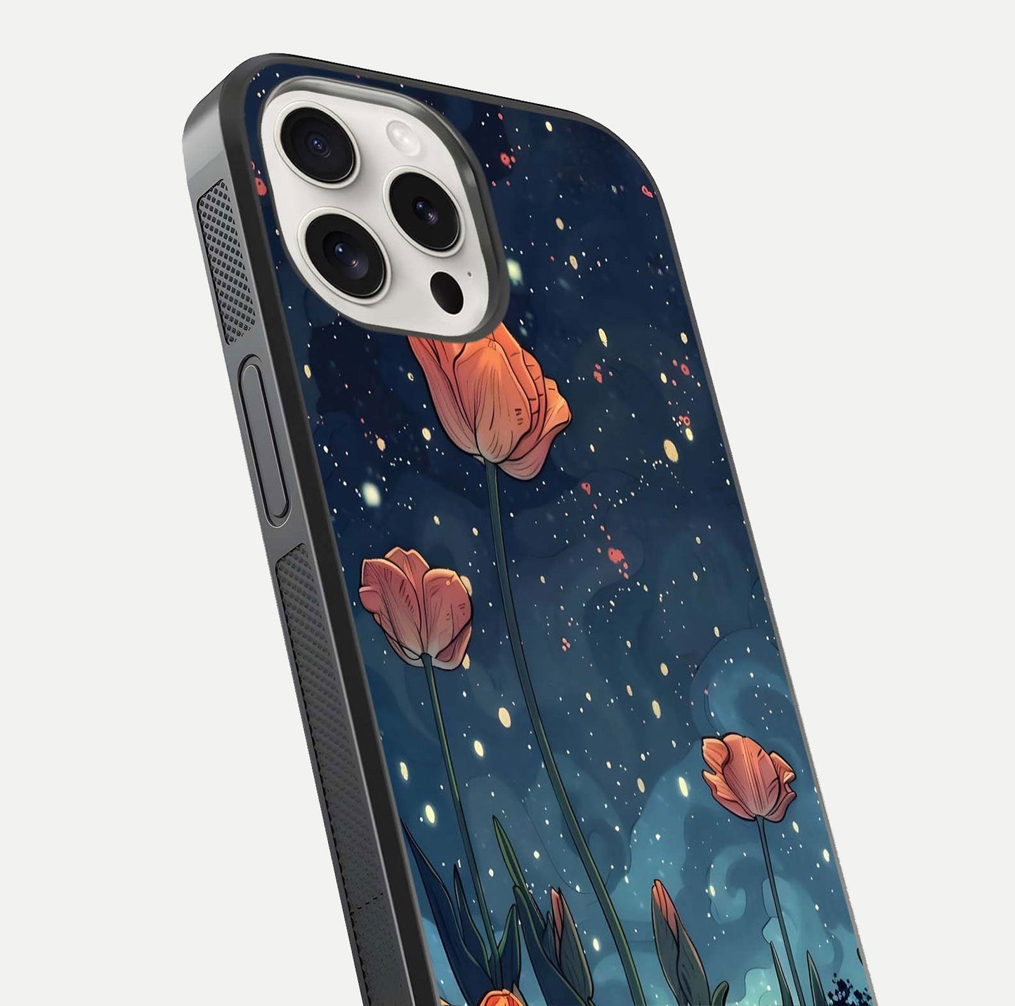 Midnight Tulip Glow Glass Case for iPhone 15 Pro Max close-up angled shot showing petal details and reflection glow