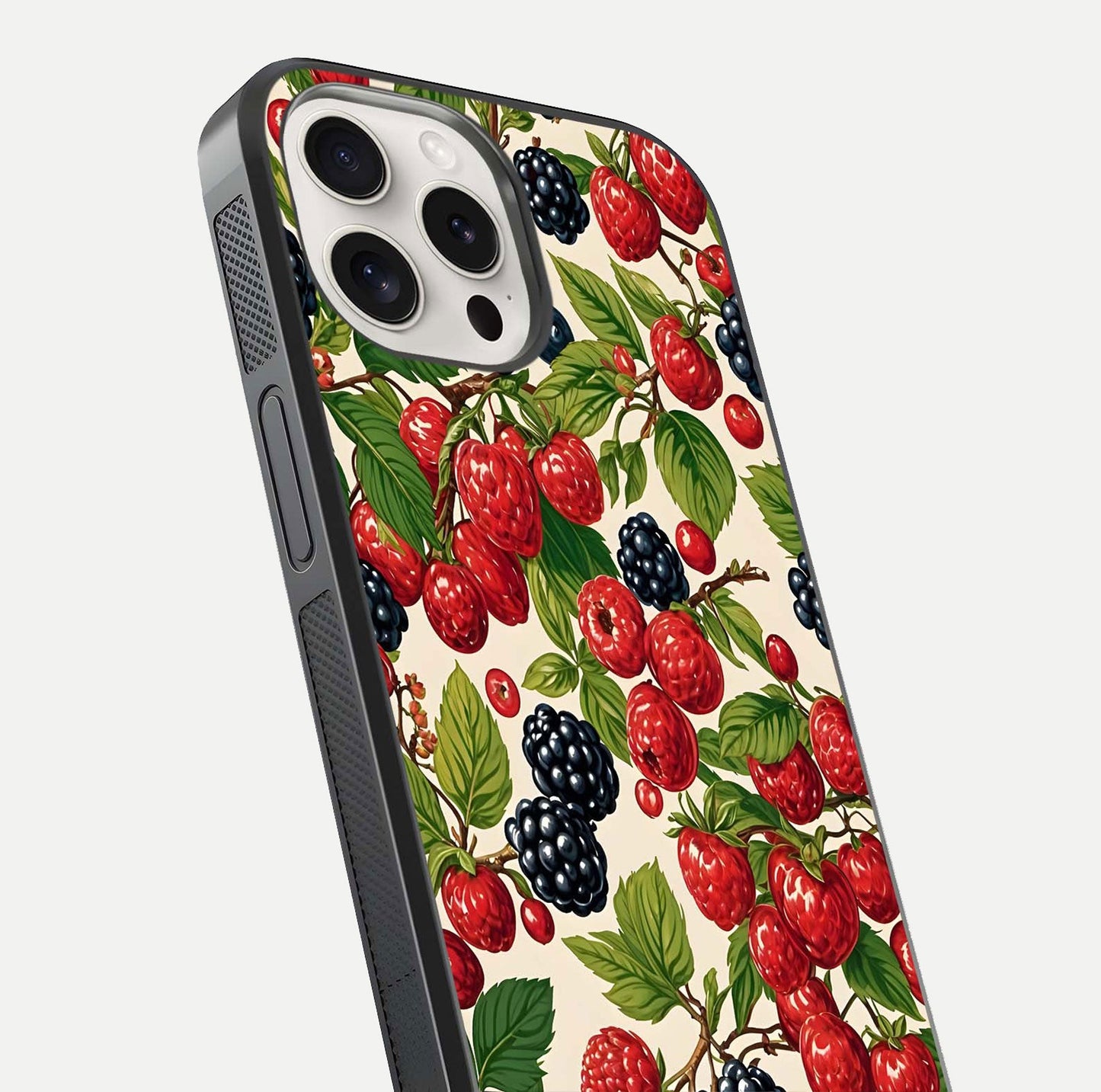 Mixed Berry Collage Glass Case for iPhone 15 Pro Max close-up angled shot showing fruit detail and reflection glow