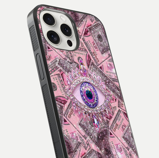 Money Eye Luxe Glass Case for iPhone 15 Pro Max close-up angled shot showing gold detailing and reflection shine