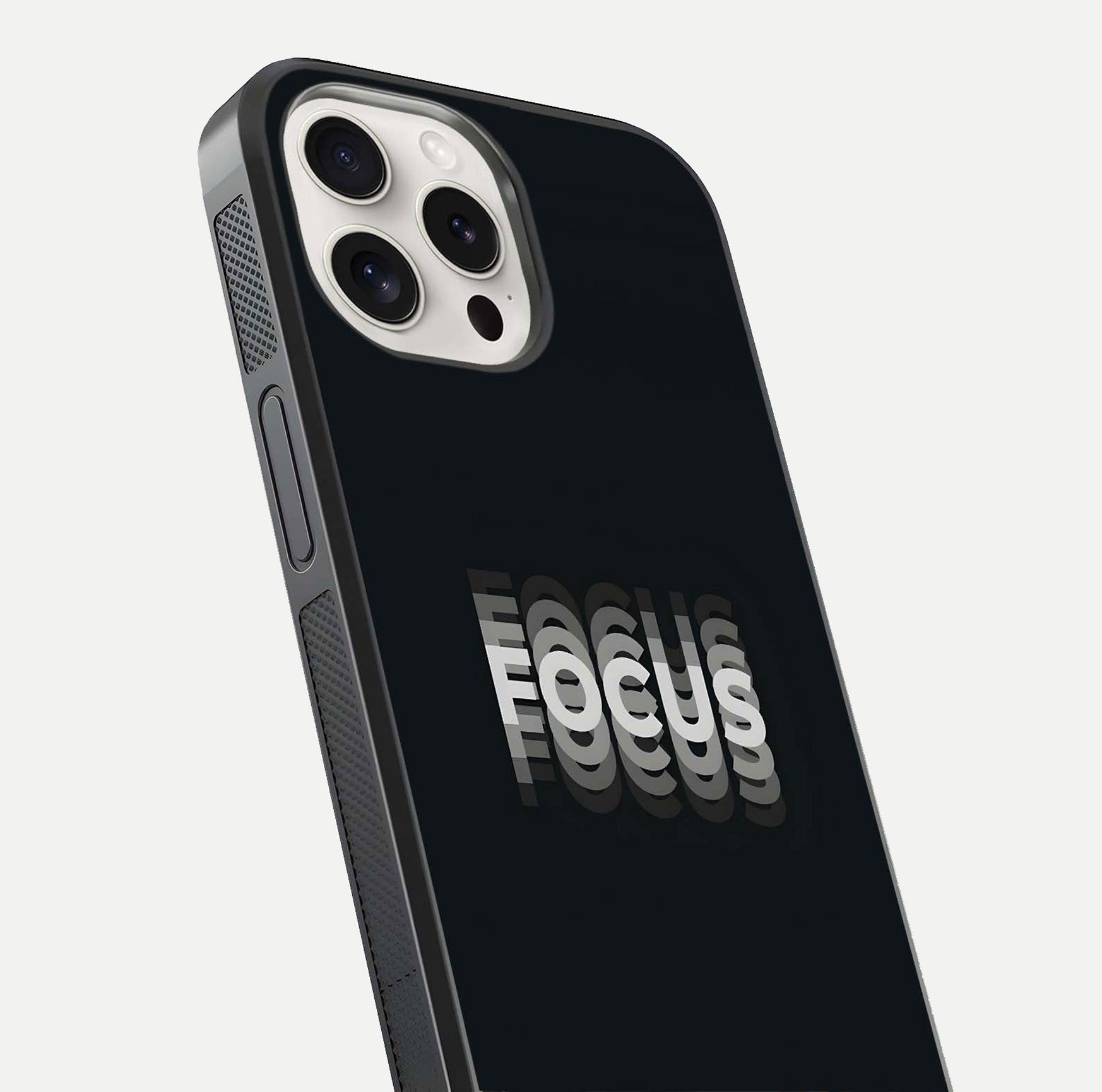 Mono Focus Vision Glass Case for iPhone 15 Pro Max close-up angled shot highlighting minimal contrast and reflection