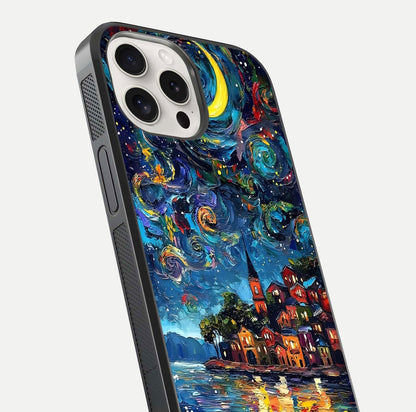 Moonlight Harbor Glow Glass Case for iPhone 15 Pro Max close-up angled shot showing reflection and moonlight glow