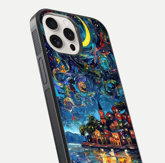Moonlight Harbor Glow Glass Case for iPhone 15 Pro Max close-up angled shot showing reflection and moonlight glow