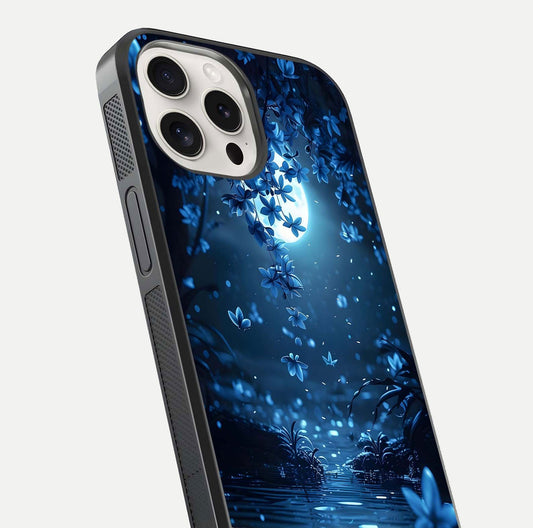 Moonlight Petal Dream Glass Case for iPhone 15 Pro Max close-up angled shot showing petal reflection and glow texture