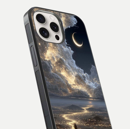 Moonlight Spark Path Glass Case for iPhone 15 Pro Max close-up angled shot showing glowing stars and reflection
