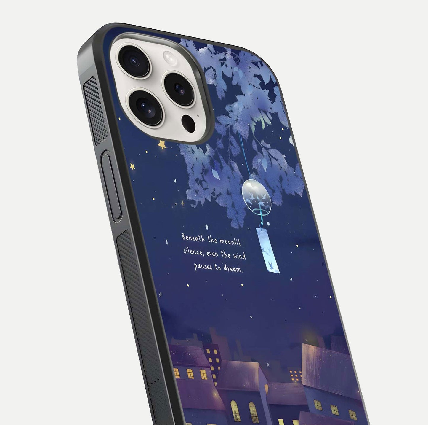 Moonlit Cat Silence Glass Case for iPhone 15 Pro Max close-up angled shot showing soft glow and reflection texture