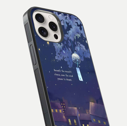 Moonlit Cat Silence Glass Case for iPhone 15 Pro Max close-up angled shot showing soft glow and reflection texture