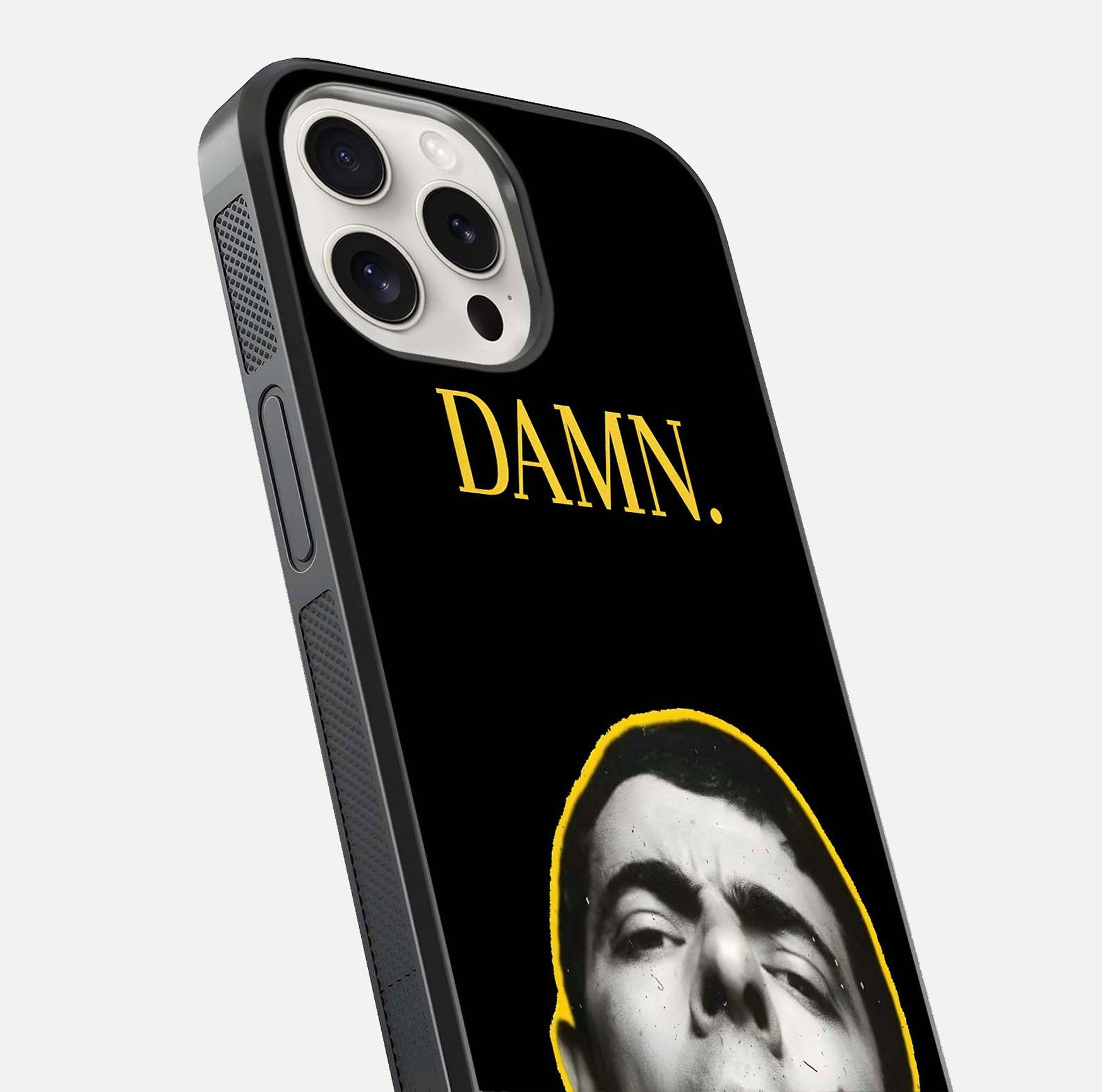 Mr Bean Damn Glass Case for iPhone 15 Pro Max close-up angled shot highlighting comic expression and shine detail