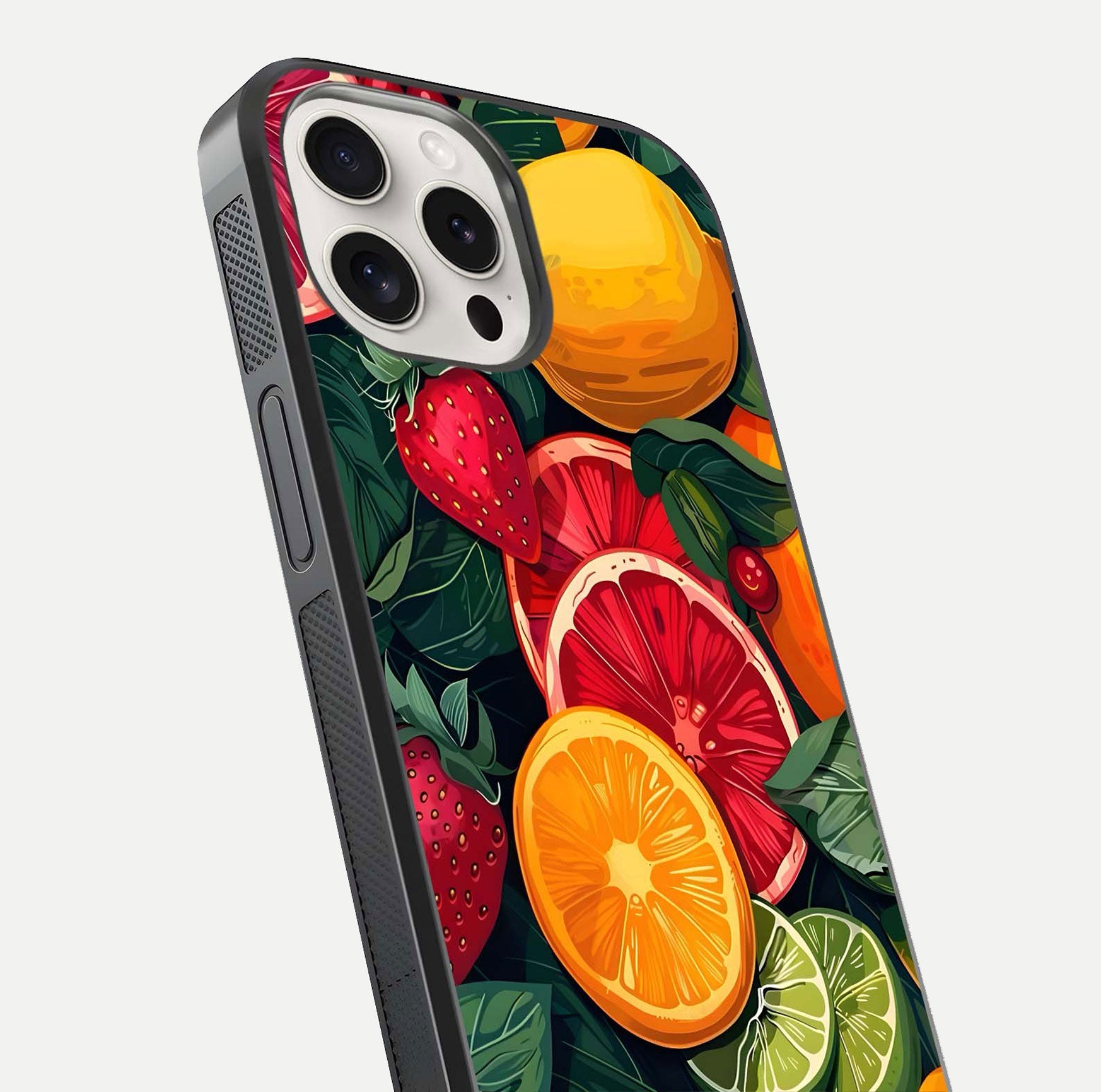 Multiple Fruits Glass Case for iPhone 15 Pro Max close-up angled shot showing fruit texture and HD gloss shine