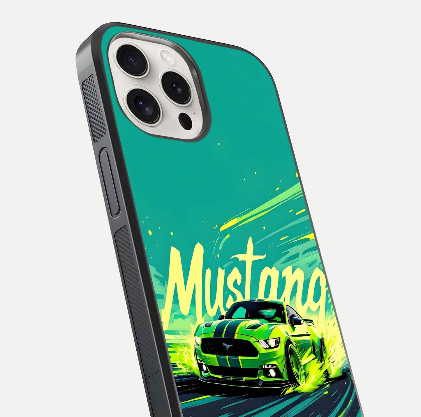 Mustang Bang Glass Case for iPhone 15 Pro Max close-up angled shot showing car emblem and HD reflection