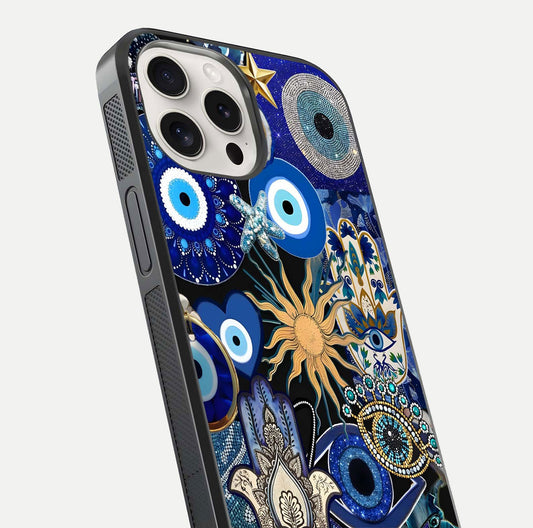 Mystic Blue Evil Eye Glass Case for iPhone 15 Pro Max close-up angled shot highlighting mystical glow and HD reflection