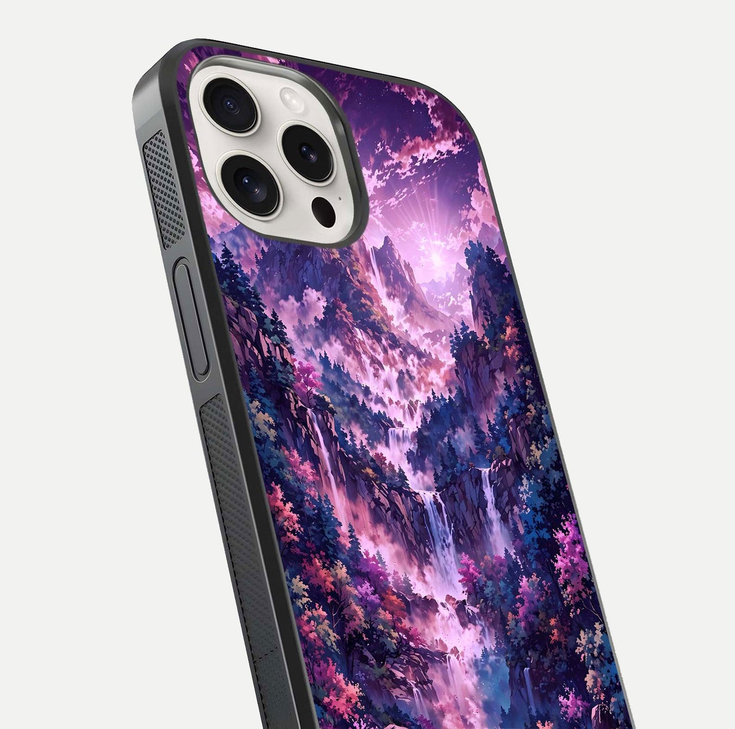 Mystic Cascade Peaks Glass Case for iPhone 15 Pro Max close-up angled shot showing peak reflections and color gradient